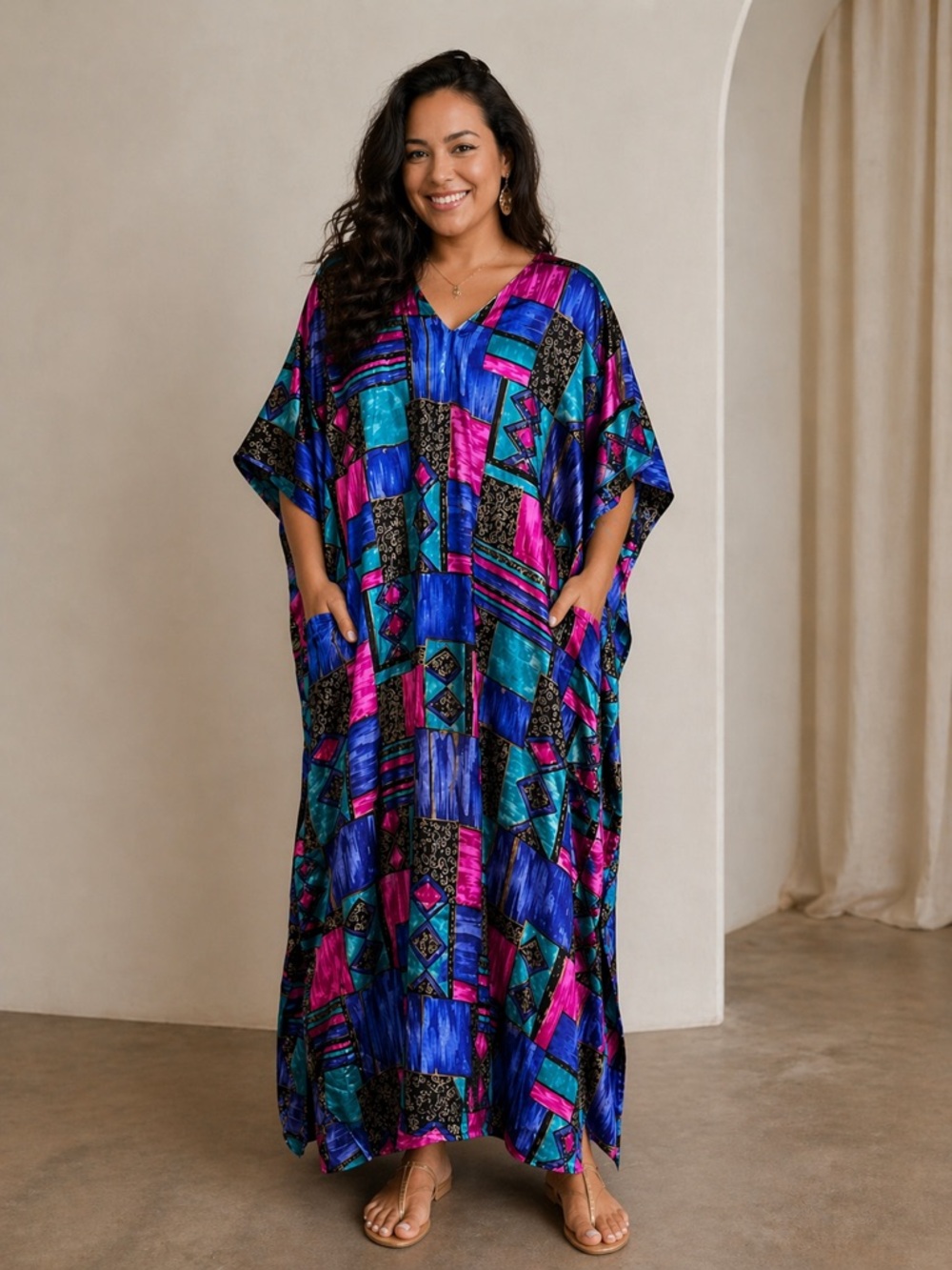 Vintage Winlar Kaftan One Size Colorful Geometric Muumuu Lounge Dress